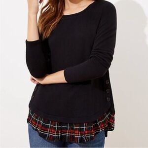 LOFT Black Button-Detail Top with Plaid Hem Small